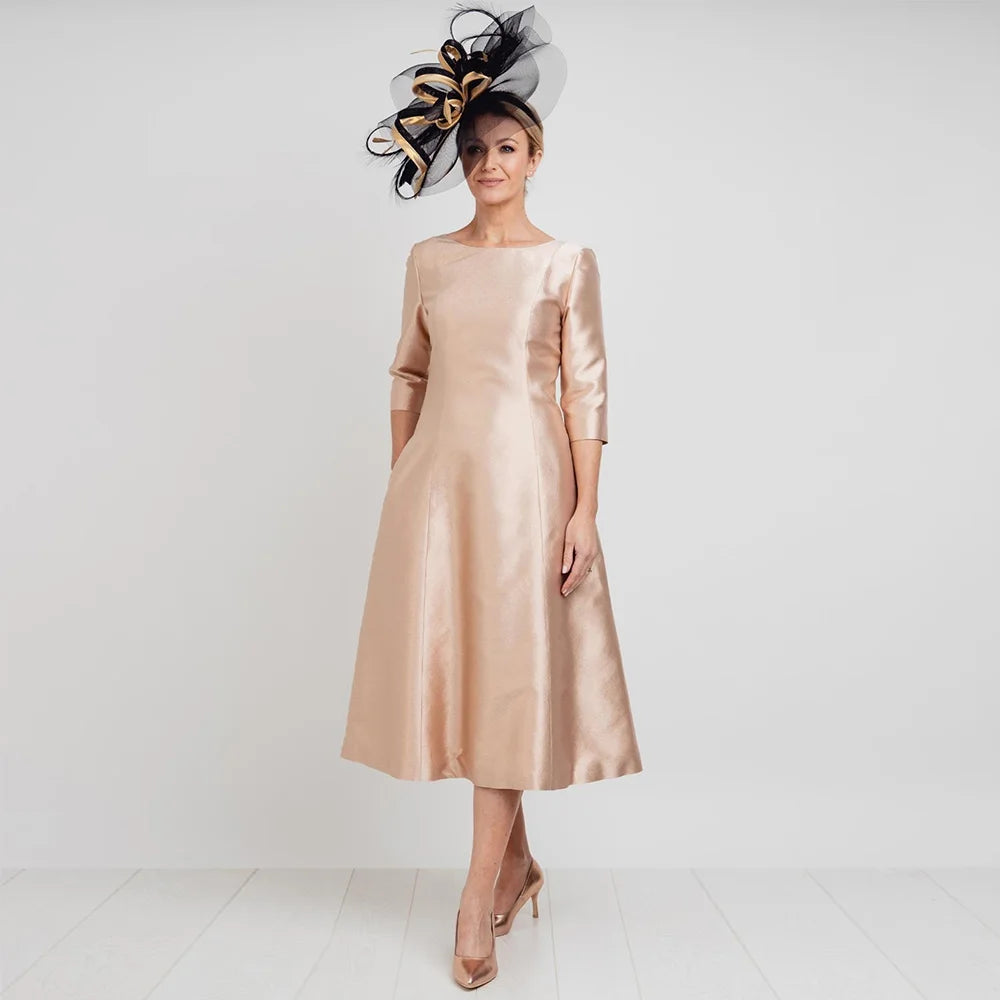 Elegant Bateau Neck A-Line Mother of the Bride Dress Tea-Length 3/4 Sleeve Wedding Guest Dress for Women green / Custom size Elegant Bateau Neck A-Line Mother of the Bride Dress Tea-Length 3/4 Sleeve Wedding Guest Dress for Women green / Custom size