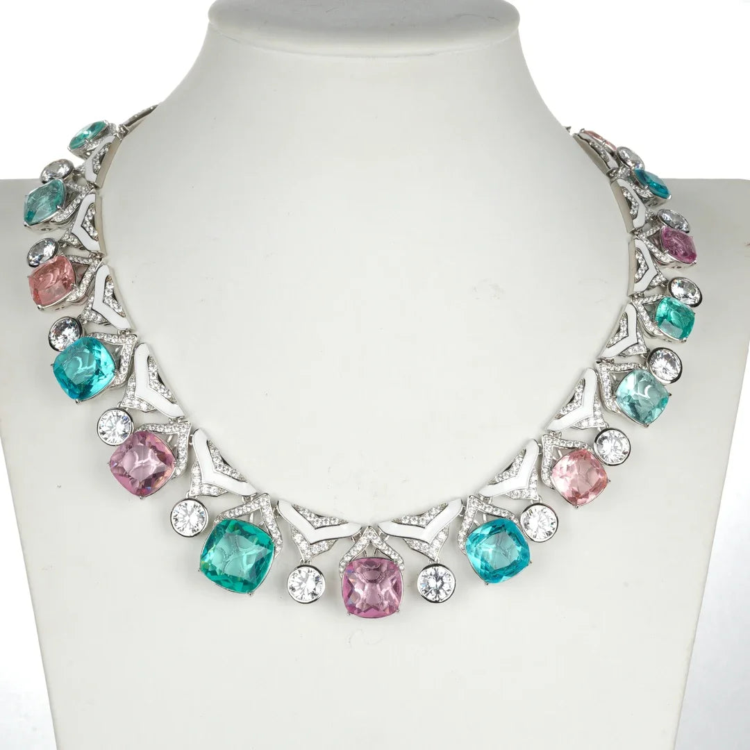 925 Sterling Silver Full Zircon Necklace Colorful Synthetic Stones | GDTC Certified | Customizable Trendy Jewelry for Women