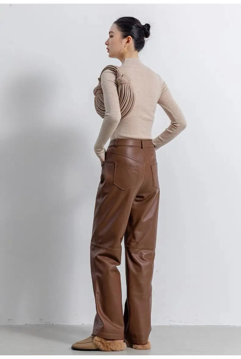 Leather Long Pants Women New Commuter Waist Slim Sheepskin Wide Leg Full Length Straight Cylinder Trousers