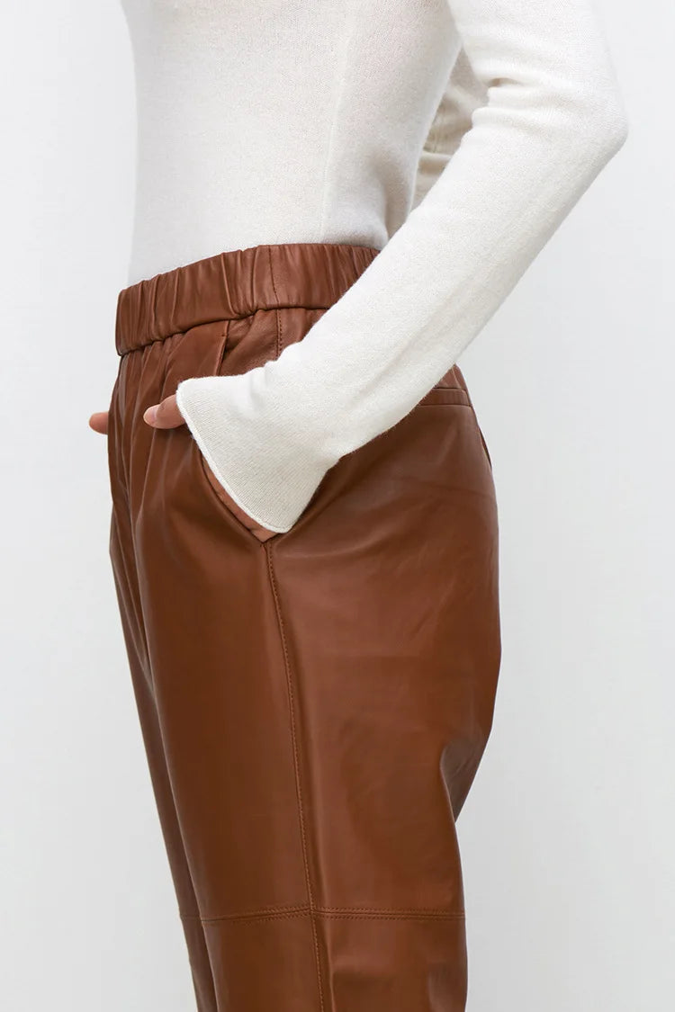 Women’s Genuine Sheepskin Leather Pants – High Waist Straight Fit Ankle-Length Trousers