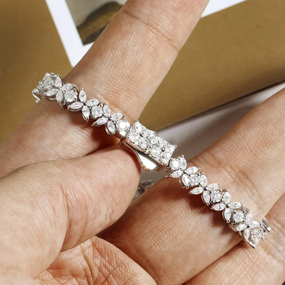 Four Petal Flower Marquise Round Cut Moissanite Diamond Tennis Bracelet for Women 925 Sterling Silver Wedding Fine Jewelry GRA