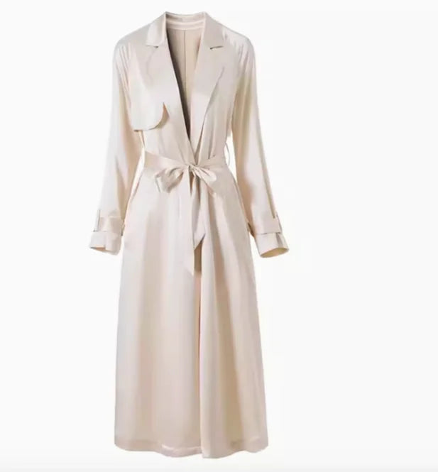 Effortless Chic Gloss 100% Heavy Silk Satin Champagne Double Breasted Belted Trench Elegant Turn-Collar Long Coat Event Outwear