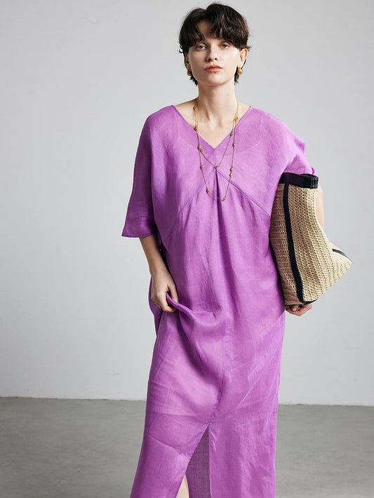 100% Ramie Maxi Dress – Women's V-Neck Solid Long Dress in Rose Purple | Spring/Summer 2025 - HER SHOP