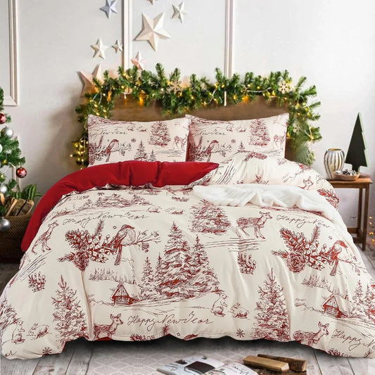 Red Countryside Christmas Bedding Set – 3-Piece Holiday Microfiber Duvet Cover with 2 Zippered Pillowcases - HER SHOP
