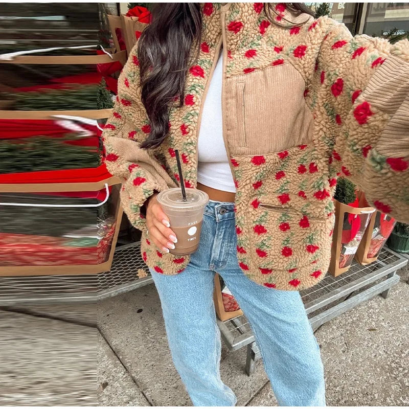 Retro Printed Plush Zipper Short Jacket Women Casual Loose High Neck Pocket Jackets Coat Lady 2025 Versatile Chic Street Outwear