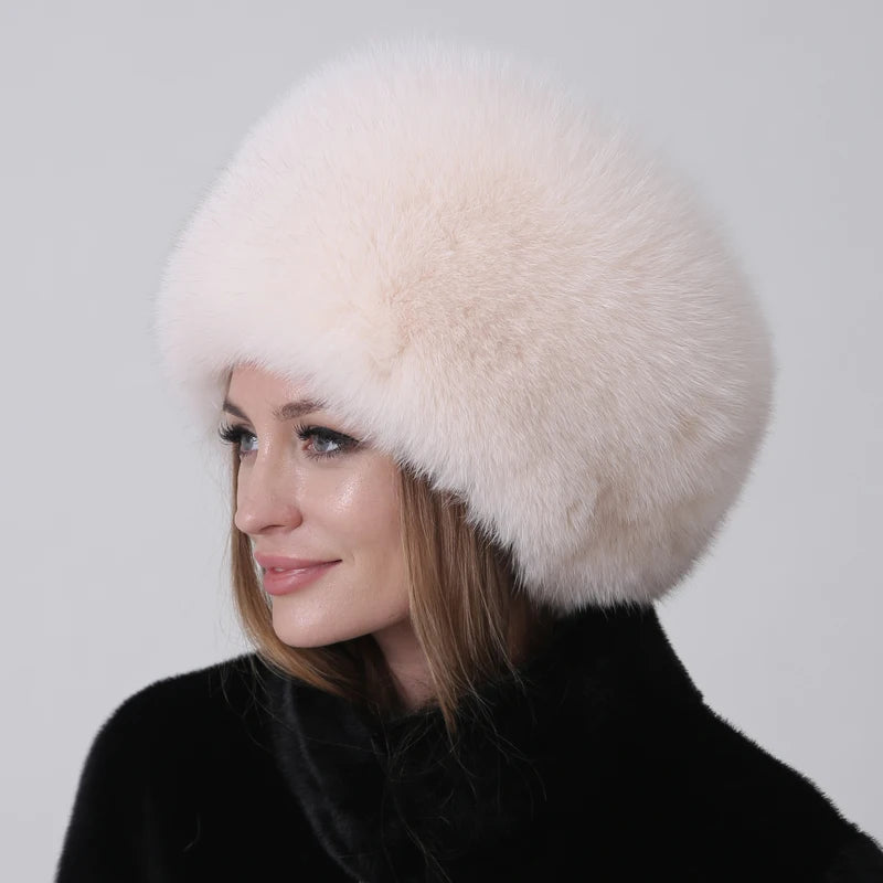 Winter Women's Fluffy Warm Round Hat – Natural Real Fox Fur Bomber Hat