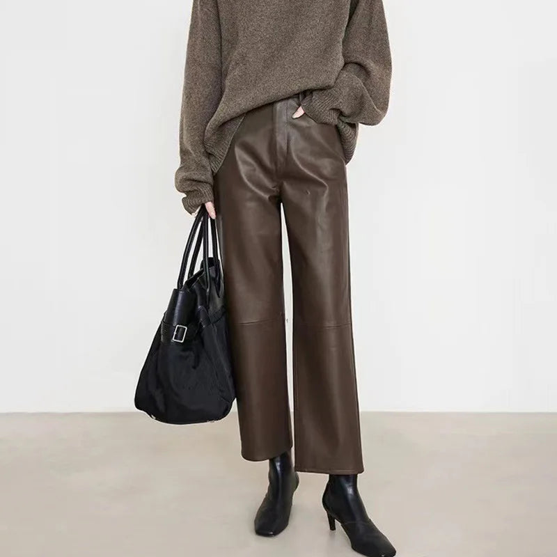 Genuine Sheepskin Leather Pants for Women Casual Loose Wide Leg Pants 2024 New Chic Lady Brown High Waist Ankle-Length Trousers - HER SHOP