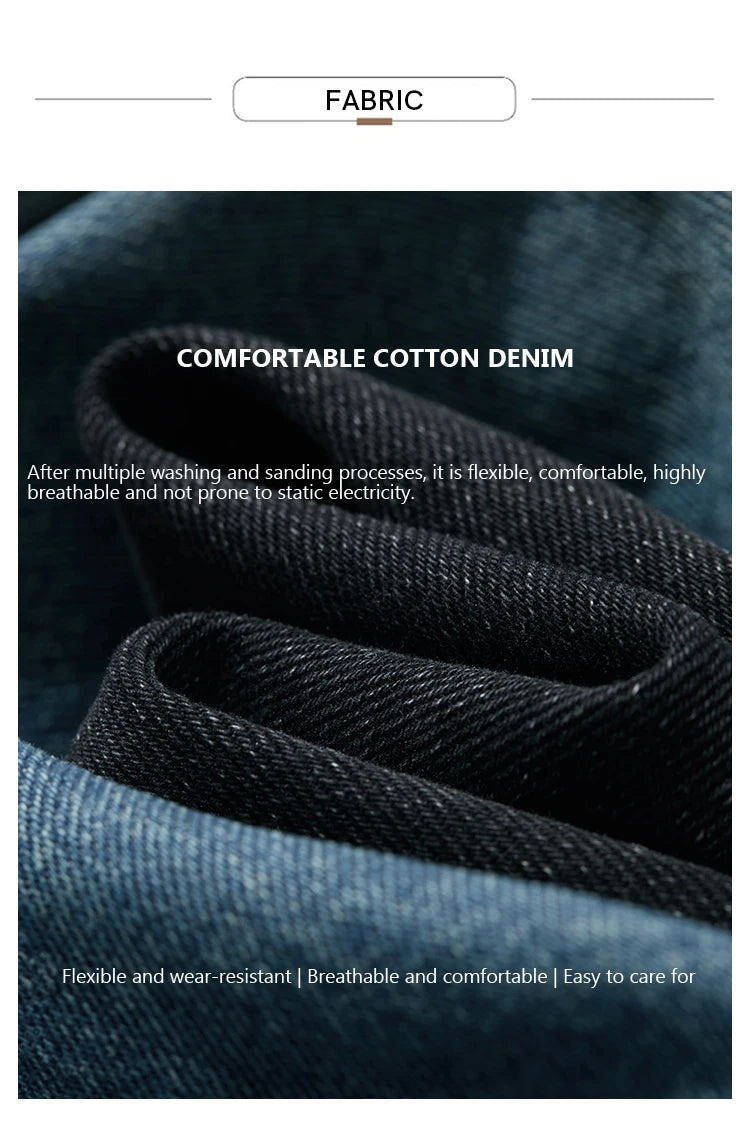 Close-up of black denim fabric with text describing its properties.