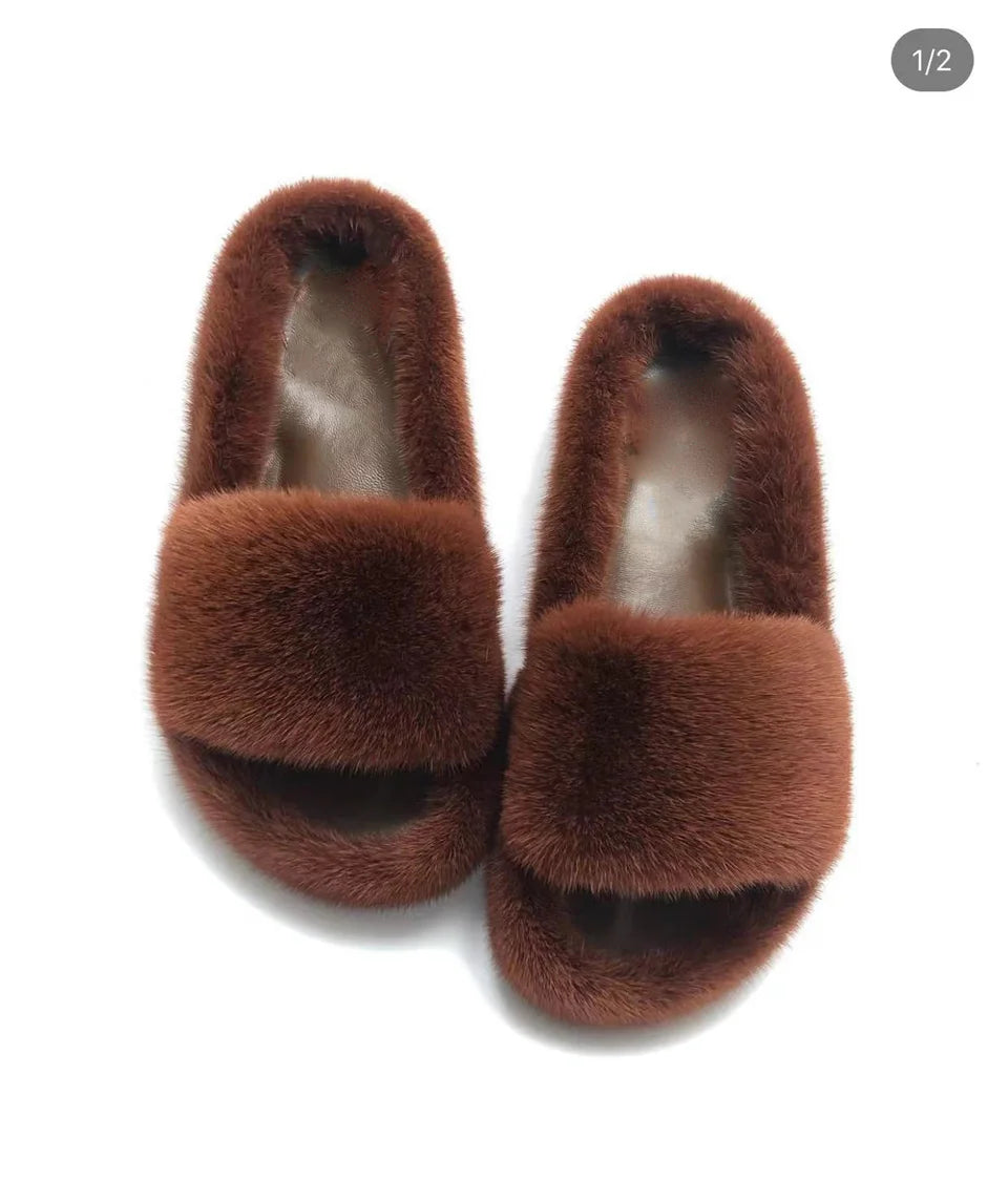Luxury Real Mink Fur Slippers for Women – Summer Flat Slides with Plush Fur and Sheepskin Insole