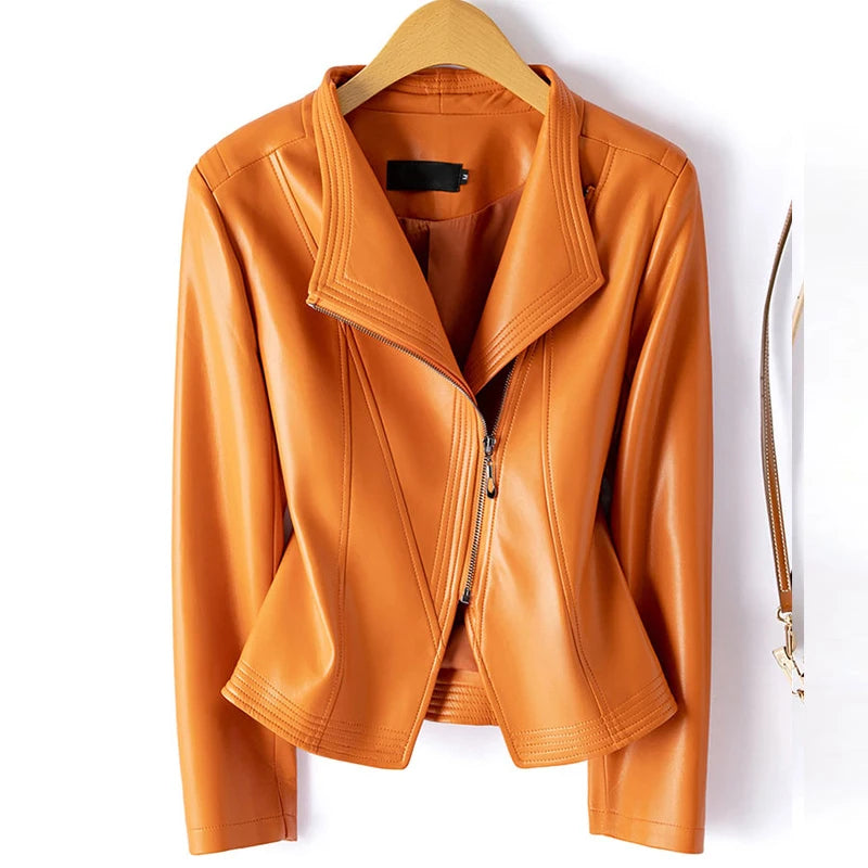Women’s Sheepskin Leather Jacket – Short Slim Fit Split Design Coat in Black or Wine Red (M–5XL)