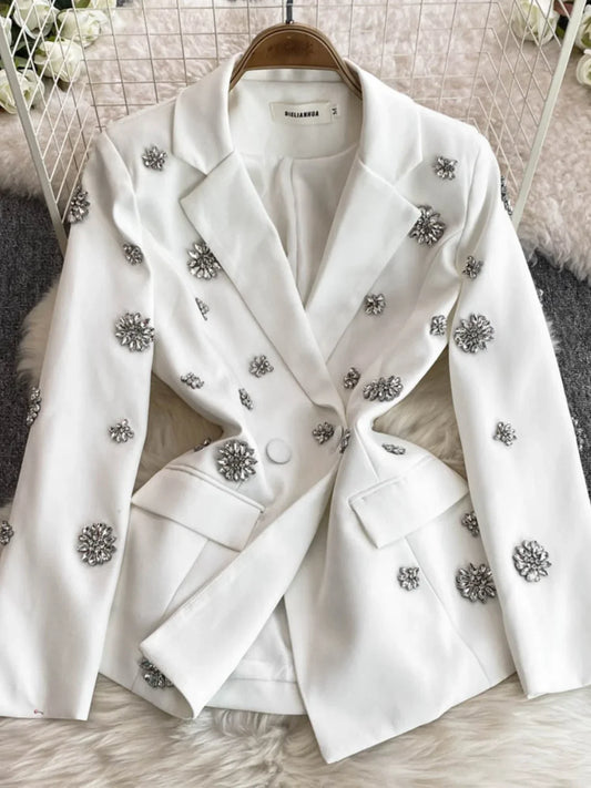 Commuter Style Two-piece Sets Women Outfits Diamond-encrusted Flower High Waist Versatile Blazer Coat+ High-waisted Trousers - HER SHOP