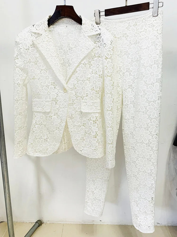 HIGH STREET Newest Designer Runway Suit Set Women's Single Button Guipure Lace Blazer Pencil Pants Suit 2pcs