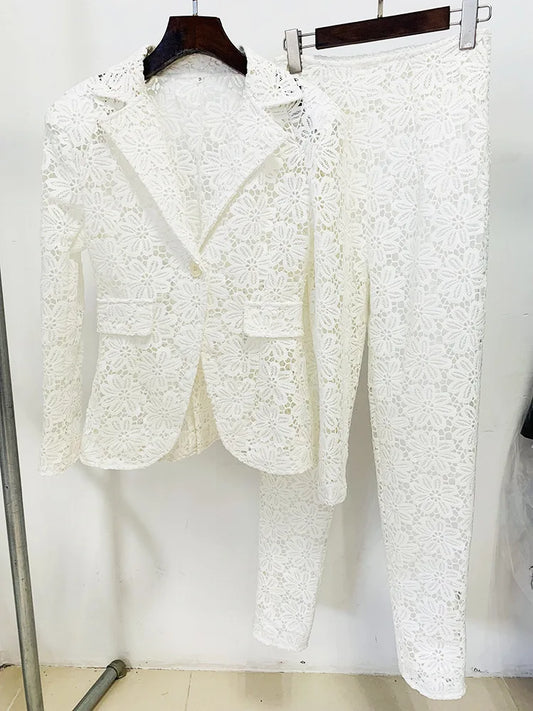 HIGH STREET Newest Designer Runway Suit Set Women's Single Button Guipure Lace Blazer Pencil Pants Suit 2pcs - HER SHOP®