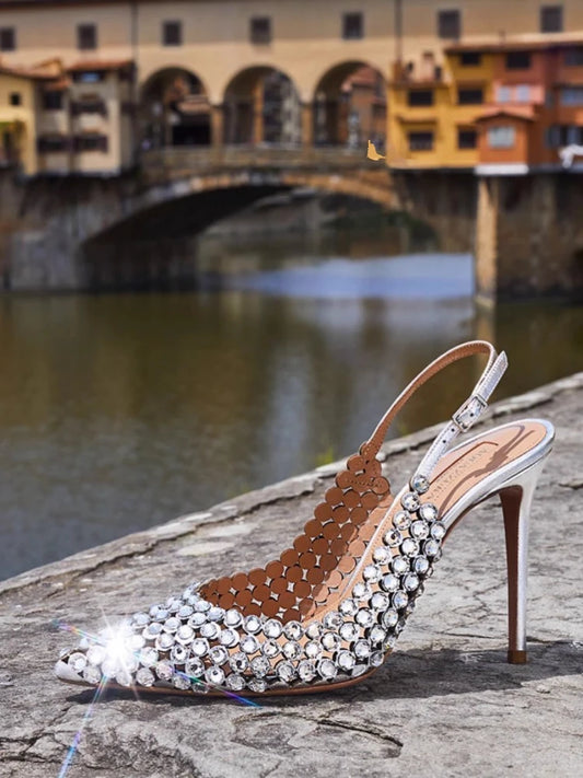 Diamond high heels for women in2025with a single button back strap,sexy wedding shoes for brides,slim heels,pointed toe sandals - HER SHOP