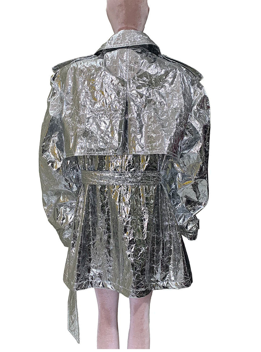 Autumn Oversized Shiny Silver Trench Coat for Women Belt Double Breasted European Fashion Emo Clothes Y2K Streetwear