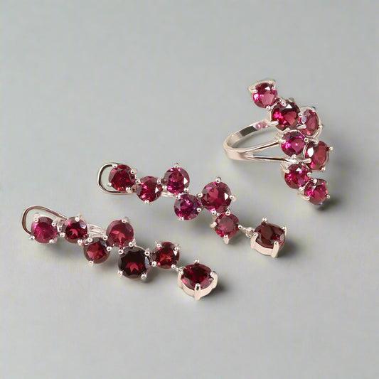 Elegant Rhodolite Garnet Ring and Earrings Set | 925 Sterling Silver Fine Jewelry | Perfect Gift for Women - HER SHOP