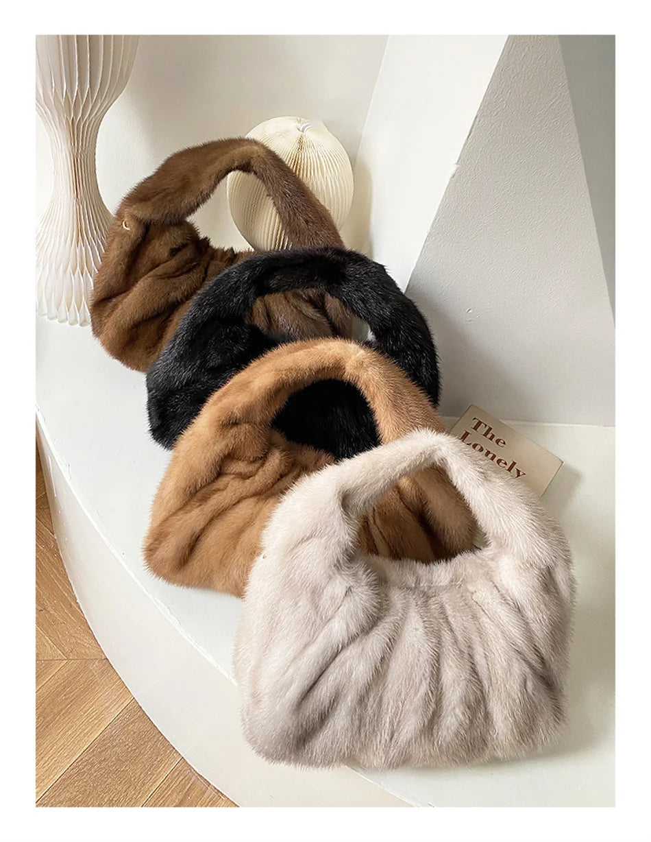 Women’s Real Mink Fur Luxury Shoulder Bag – Large Capacity Leather Crossbody Handbag