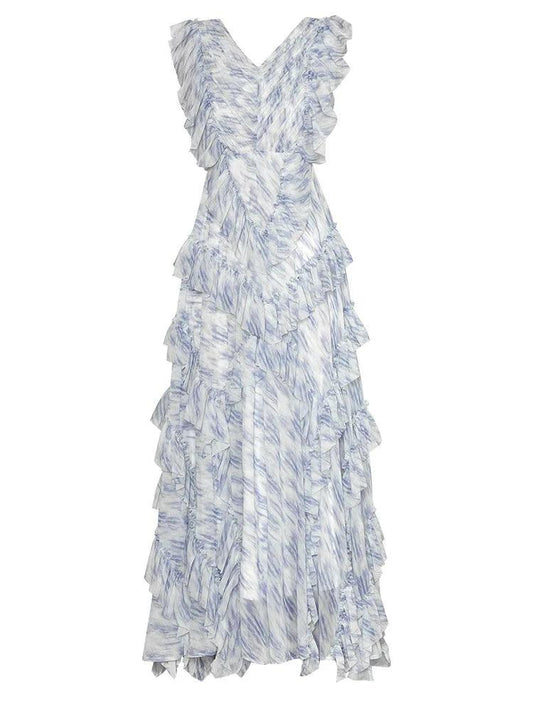 Summer Women's Long Dress - Butterfly Sleeve, Draped Striped Empire Waist, Casual Ball Gown - HER SHOP