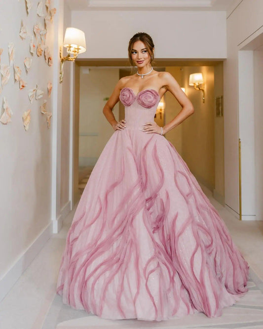 Dreamlike Dusty Rose Pink Couture Evening Gown – Long Bridal Dress with Handmade Flower Details and Puffy Tutu Tulle - HER SHOP