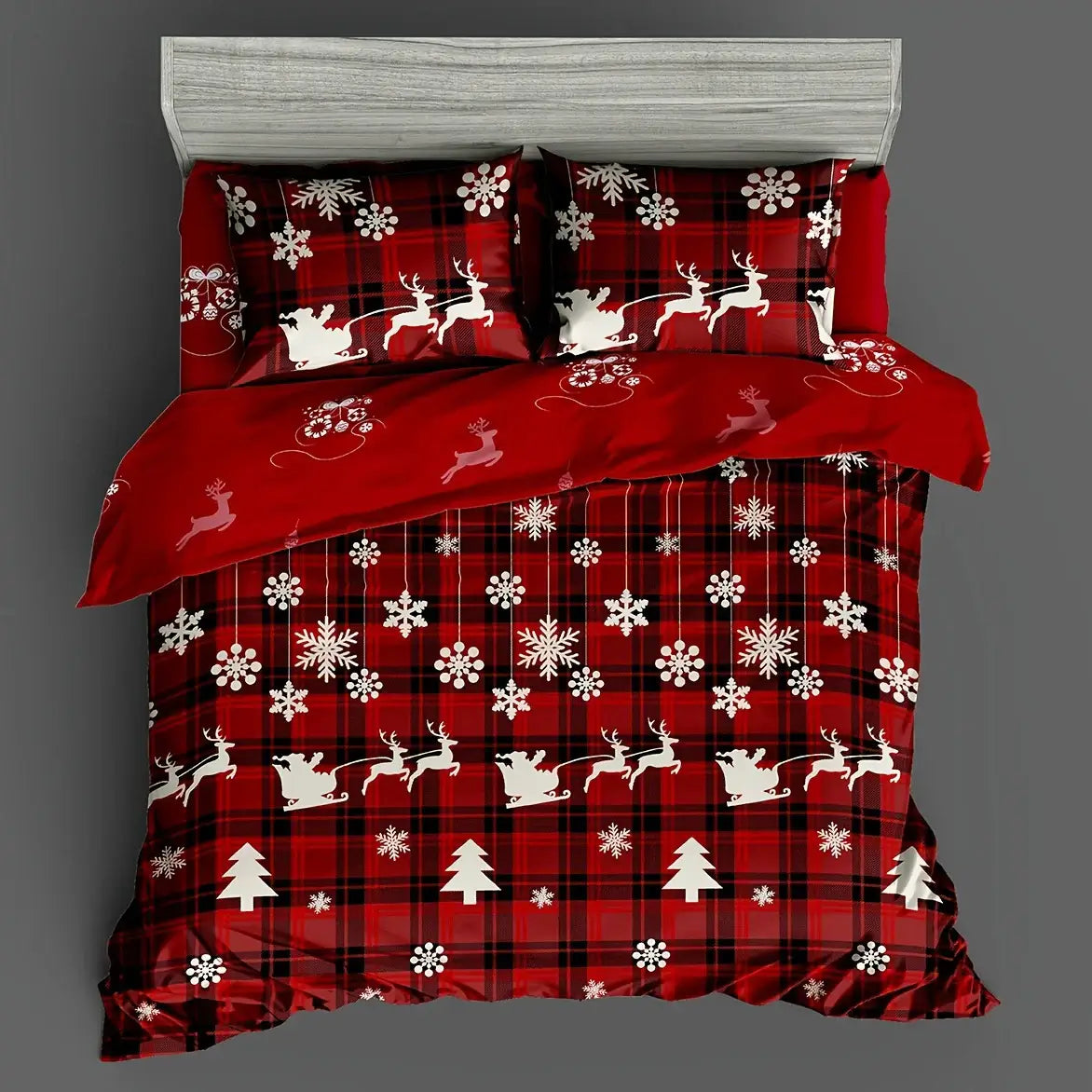 3-Piece Christmas Duvet Cover Set – Soft, Breathable, Hypoallergenic Fabric with Checkered Elk and Snowflake Print