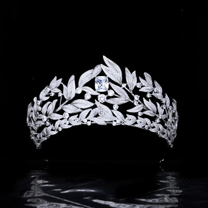 Cubic Zirconia Leaf Tiara – Bridal Crown Headband for Brides, Princess or Queen Style Wedding Hair Accessories
