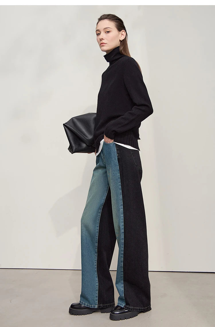 Retro Patchwork Wide-Leg Denim Jeans – Casual Loose Fit Women’s Pants