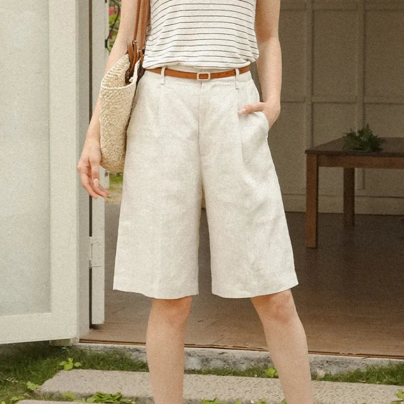 100% Linen High Waist Shorts for Women – Solid Color Knee-Length Summer Pants | Casual Streetwear Sale | Pantalones Mujer Verano