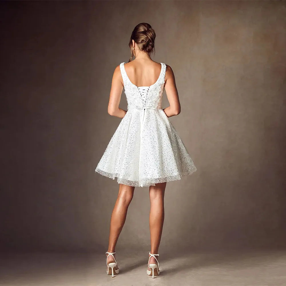 Customized Sequin Beaded Wedding Dress for Women – Sparkly Short A-Line Prom Bridal Gown with Spaghetti Straps