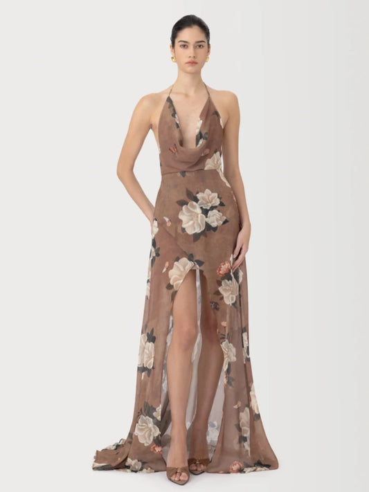 Halter Neck Printed Backless Asymmetrical Party Dress - Printed - Size S - HER SHOP®