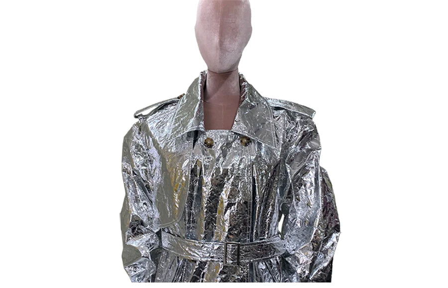 Autumn Oversized Shiny Silver Trench Coat for Women Belt Double Breasted European Fashion Emo Clothes Y2K Streetwear