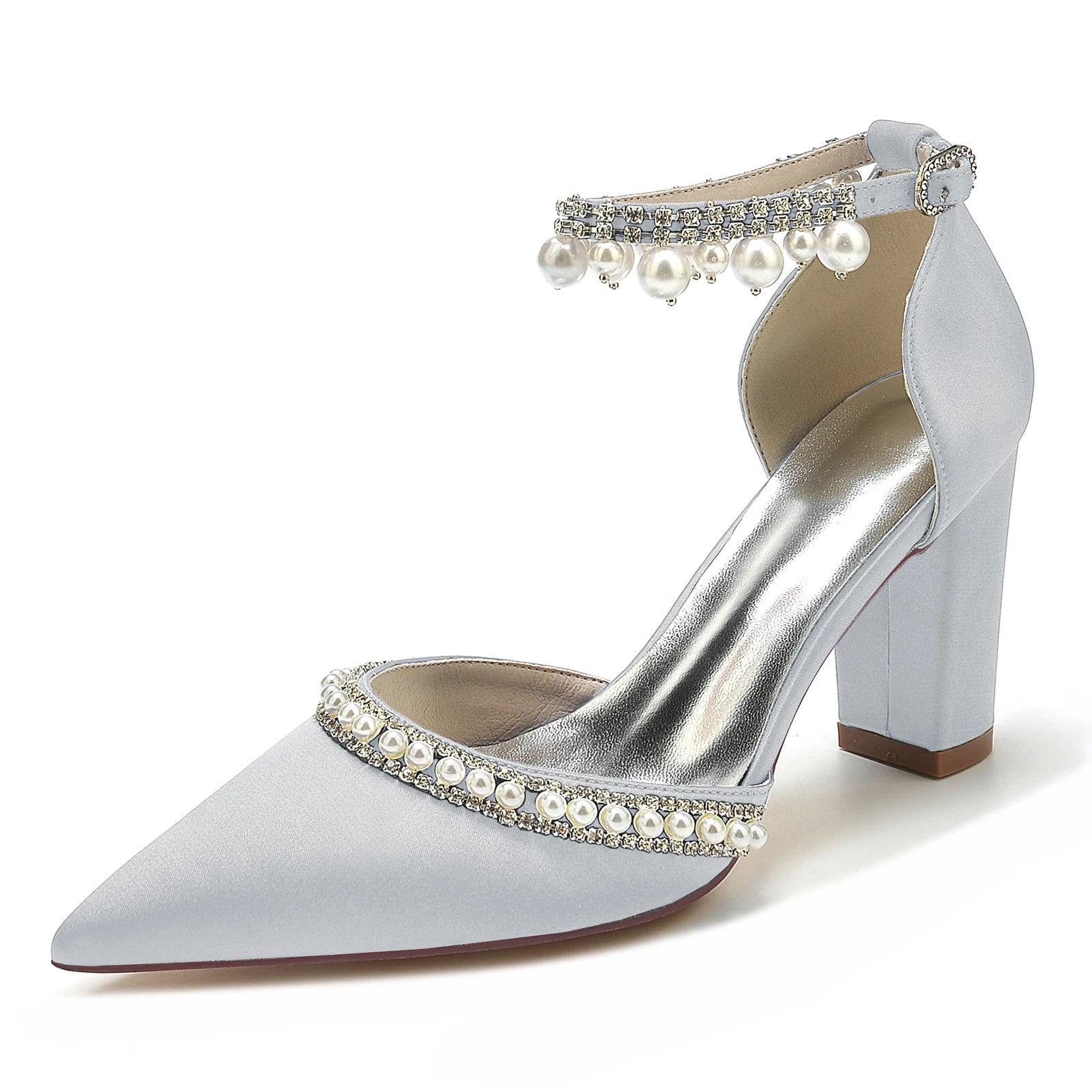 Elegant Satin Evening Pumps with Thick Block Heel, Pearls & Ankle Strap  -  Bridal, Prom, Party Shoes