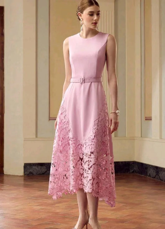 Customized Vintage Pink Lace Tea-Length Dress – Elegant O-Neck Sleeveless Satin Formal Party Dress with Belt - HER SHOP®