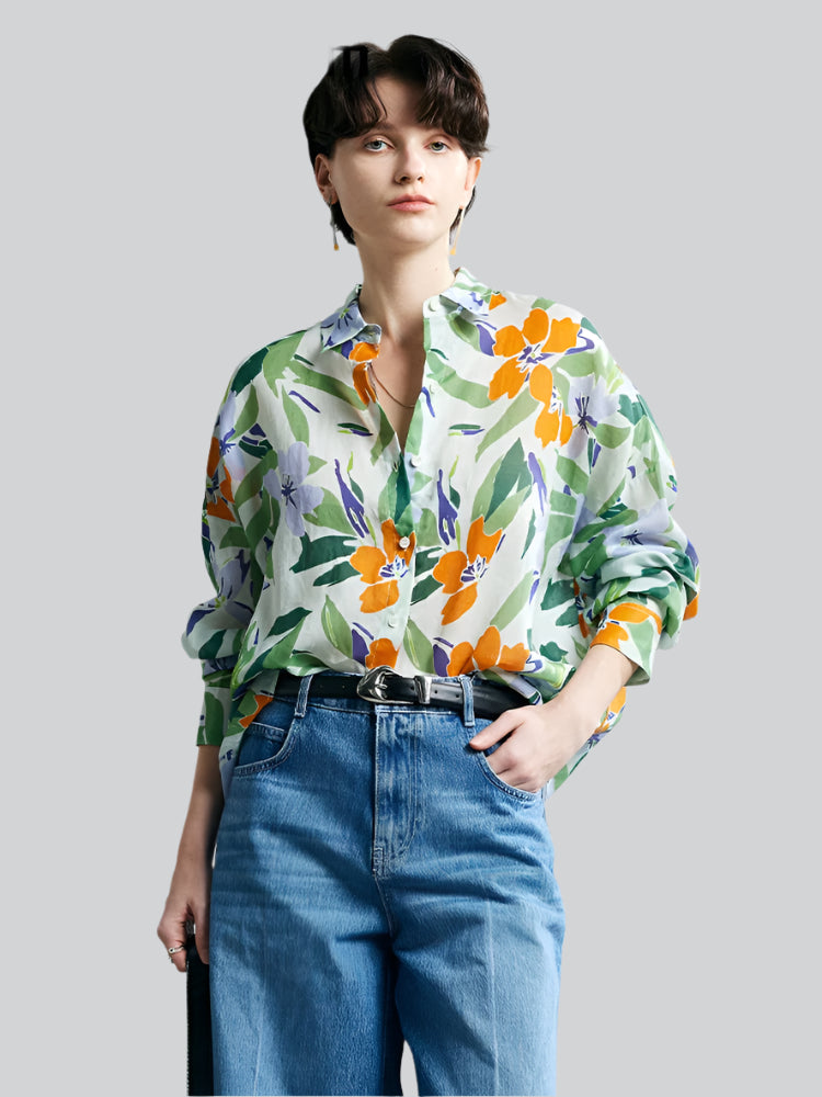 100% Ramie Printed Blouse  -  Women's Turn-Down Collar Shirt in Blue, Green, or Yellow
