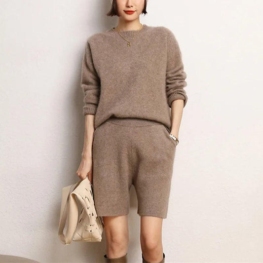 High-Quality Fashion Suit: 100% Cashmere Knitted Sweater & Short Pants Set - HER SHOP