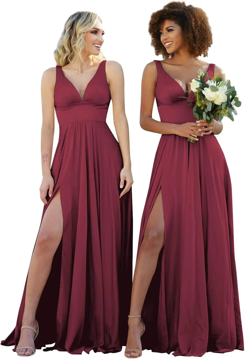 Champagne Gold Bridesmaid Dress – Elegant V-Neck Satin Chiffon Gown for Wedding, Prom & Formal Events