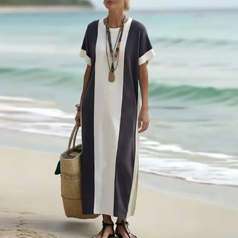 Elegant Retro Contrast Color Boho Maxi Dress – O-Neck, Short Sleeve, Loose Fit, Side Slit Long Dress for Women, Spring/Summer Vacation Style