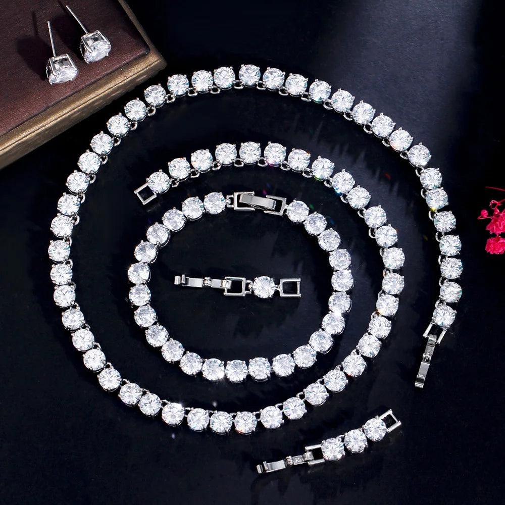 Shiny White CZ Crystal Tennis Wedding Jewelry Set Choker Necklace, Earrings, Bracelet (3 Pcs)