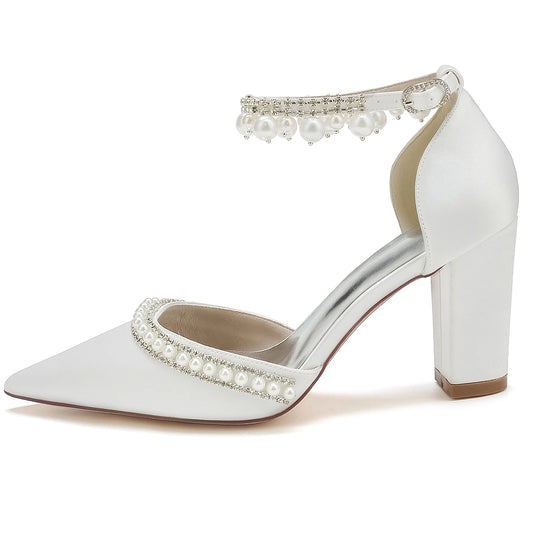 Elegant Satin Evening Pumps with Thick Block Heel, Pearls & Ankle Strap - Bridal, Prom, Party Shoes - HER SHOP®