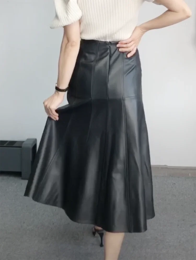 Leather Long 80cm Skirt Women New Fashion Attractive Seam Design Pleated Maxi Skirt Ladies Faldas Largas Streetwear Customizable