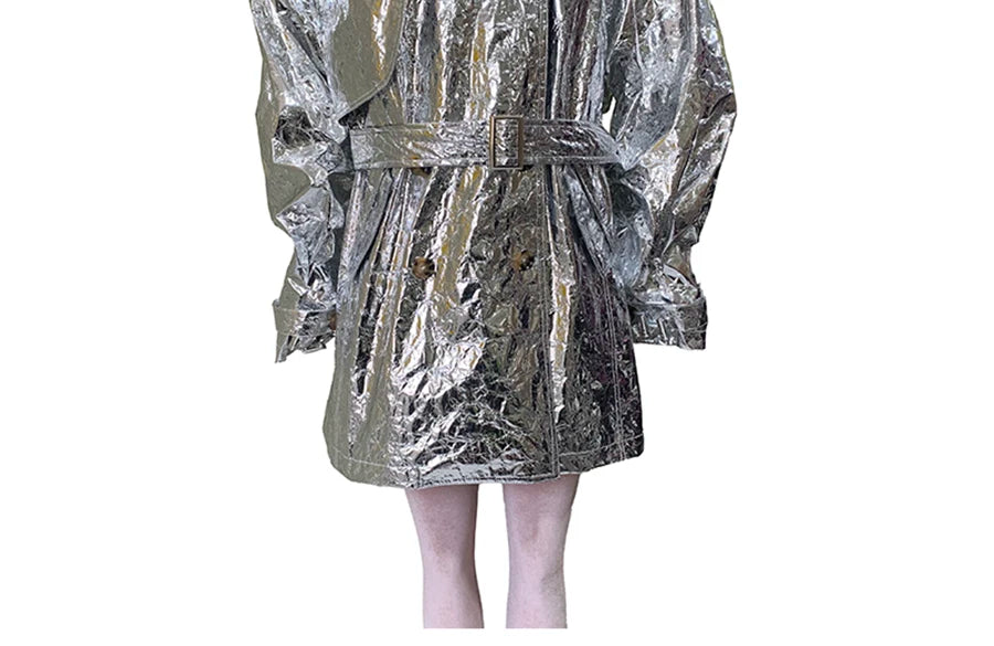 Autumn Oversized Shiny Silver Trench Coat for Women Belt Double Breasted European Fashion Emo Clothes Y2K Streetwear