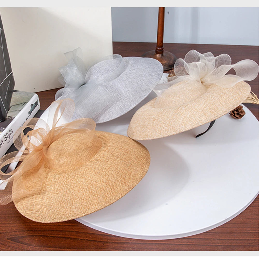 Retro Bridal Wide Brim Fascinator Hat for Women – Wedding, Cocktail, Tea Party, Church & Derby Hat with Gauze Bowknot