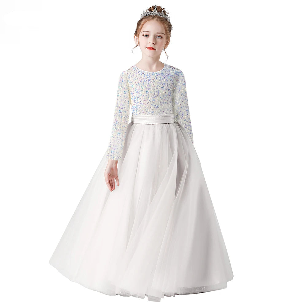 Customized Glitter Sequin Long-Sleeve Flower Girl Dress