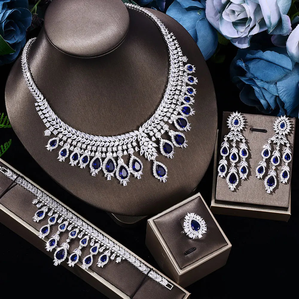 Luxury 4-Piece Bridal Wedding Jewelry Set | 3A Zircon Crystal Necklace Set | Dubai-Inspired Hot Selling Jewelry