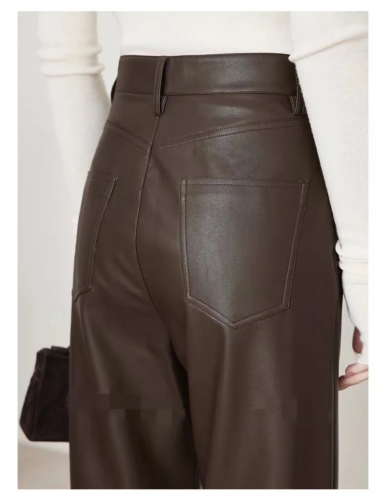 Genuine Sheepskin Leather Pants for Women Casual Loose Wide Leg Pants 2024 New Chic Lady Brown High Waist Ankle-Length Trousers