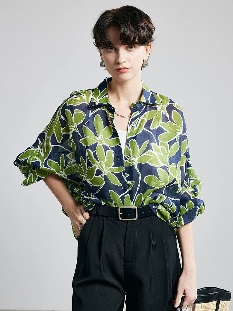 100% Ramie Floral Blouse  -  Pink Turn-Down Collar Shirt