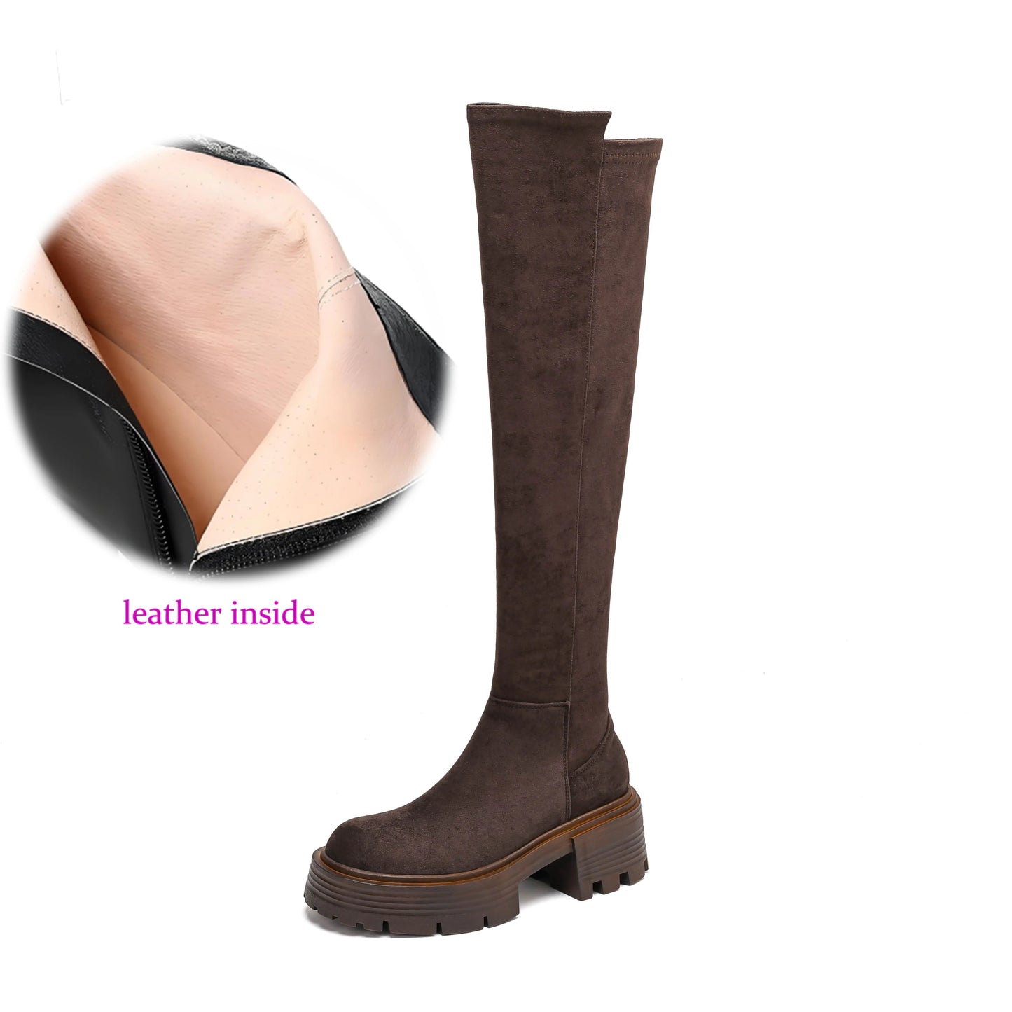 Brown knee-high boot with leather lining on a white background