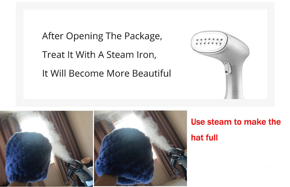 Instructions on how to treat a package with steam using a steam iron, with text and images of a blue hat being steamed.