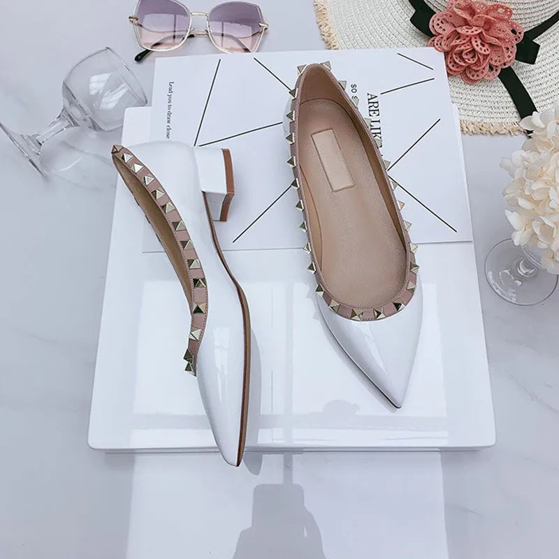 Luxury Leather Rivet High Heels | Designer Pointed Toe Square Heel Pumps for Women