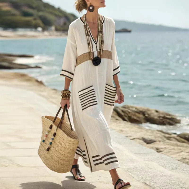 Vintage Bohemian Striped Maxi Dress – Summer V-Neck Flare Sleeve Casual A-Line Dress with Pockets for Women