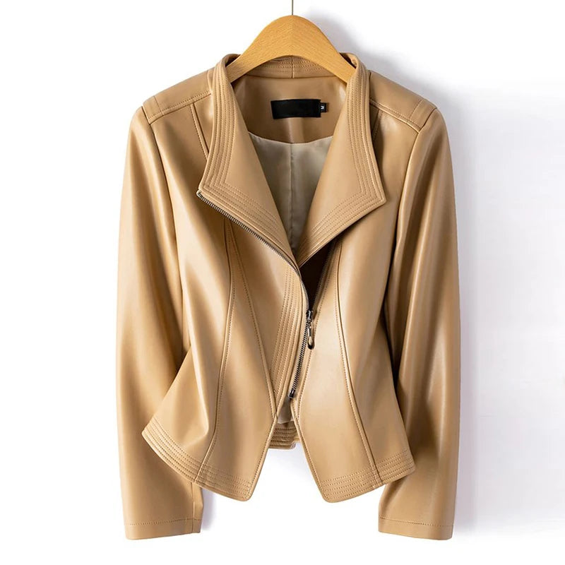 Women’s Sheepskin Leather Jacket – Short Slim Fit Split Design Coat in Black or Wine Red (M–5XL)